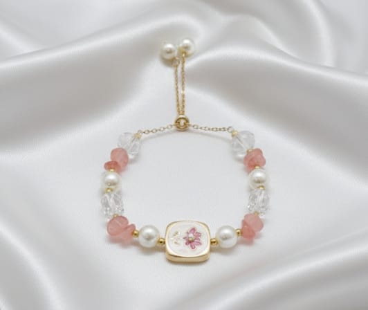 Bolo Style Pink Stone & Pearls Bracelet