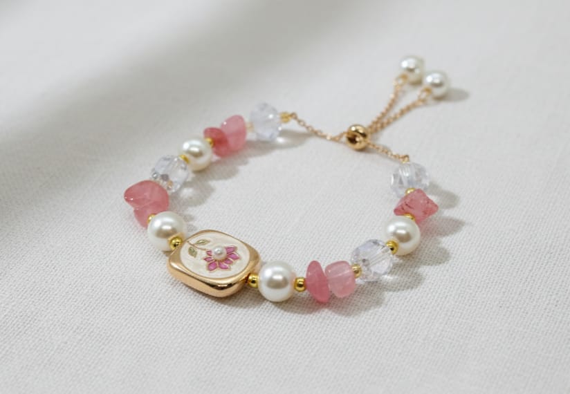 Bolo Style Pink Stone & Pearls Bracelet