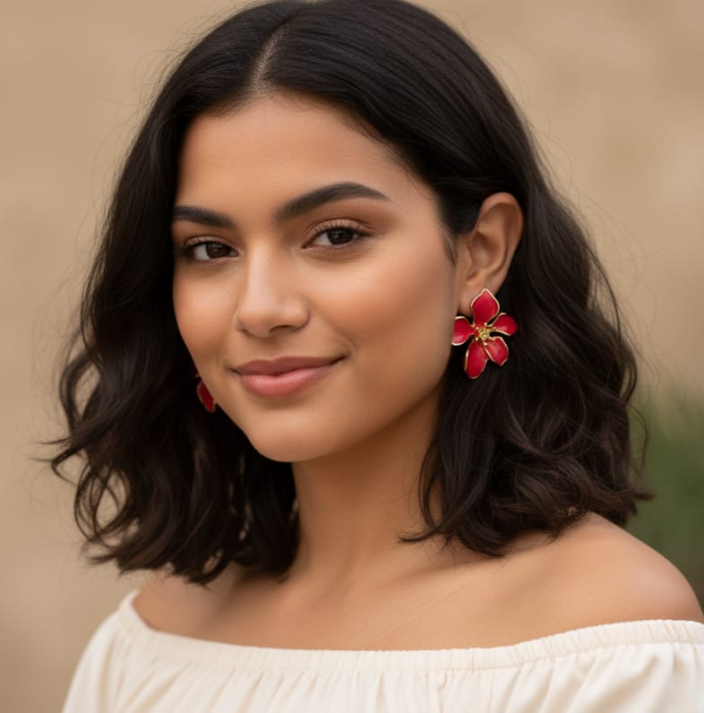 Red Floral Stud Earrings